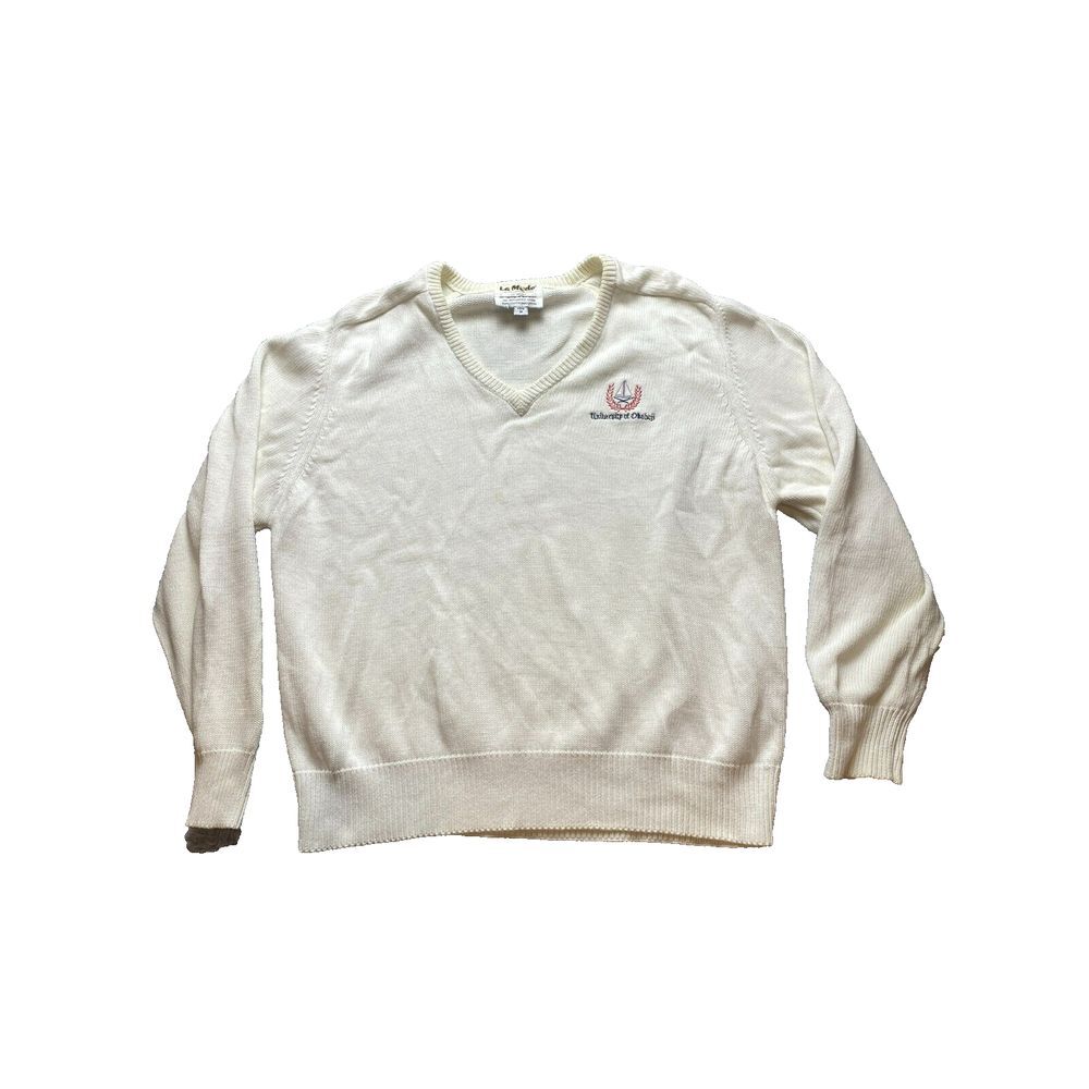 VTG University of Okoboji Sweater Adult Medium Ivory Knitted Outerwear USA‎ Mens